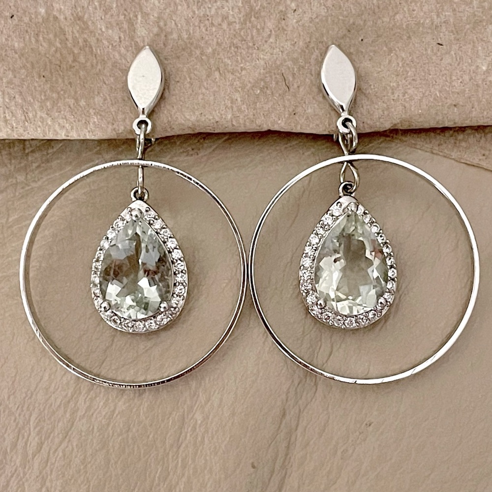 CROWN TRIFARI Vintage Pear Glass Stone Swivel Silver Hoop Clip Earrings